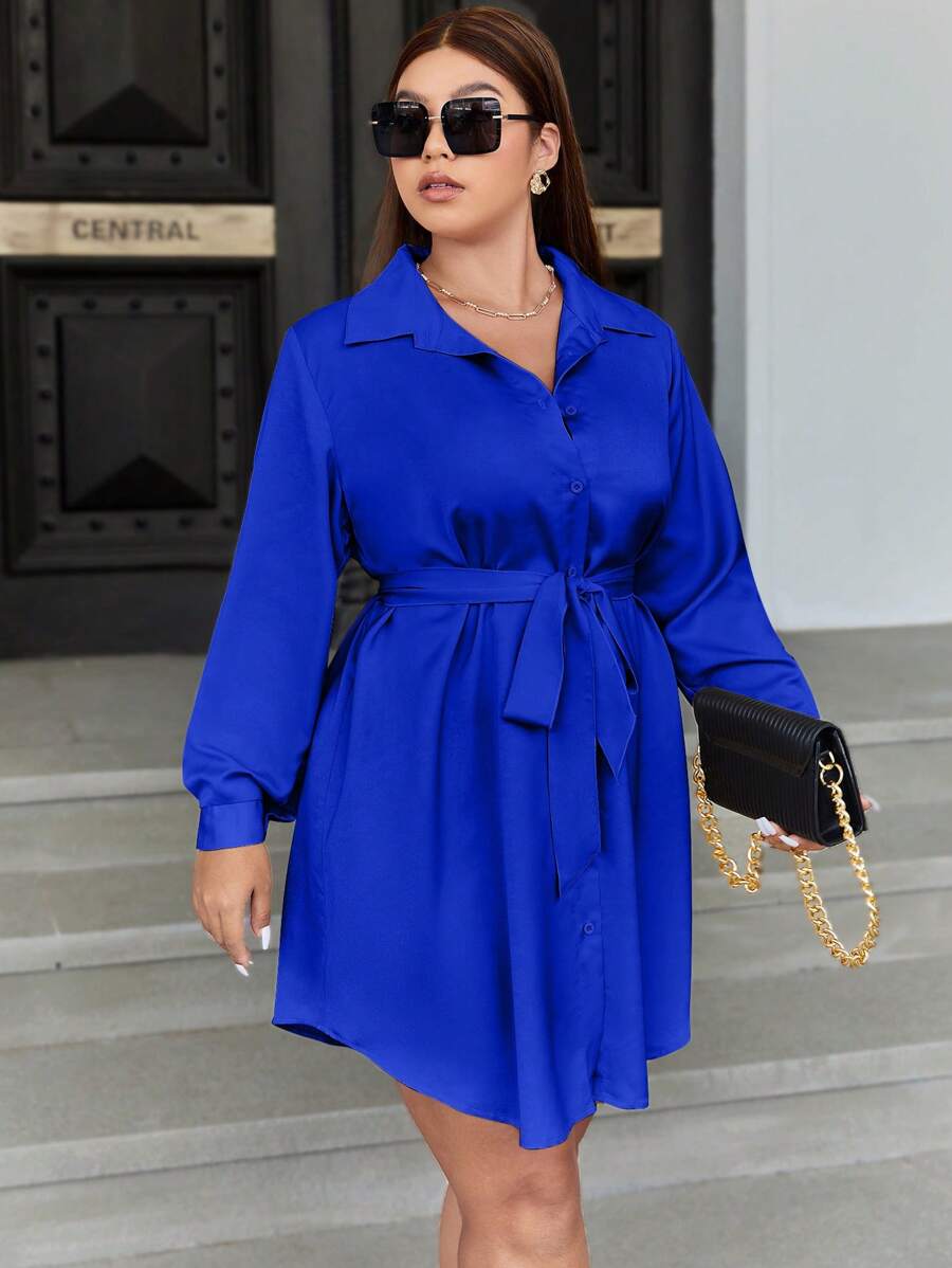 Celure 大碼素色腰帶襯衫洋裝 - 寶藍色 - 查看 1