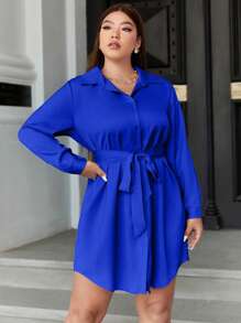 Celure 大碼素色腰帶襯衫洋裝 - 寶藍色 - 查看 4