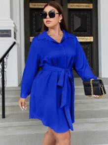 Celure 大碼素色腰帶襯衫洋裝 - 寶藍色 - 查看 5