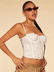 SHEIN BAE Solid Bustier Lace Cami Top - White - View 4