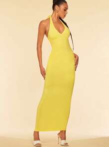 SHEIN BAE 素色繞頸露背緊身連衣裙