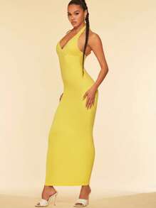 SHEIN BAE 素色繞頸露背緊身連衣裙