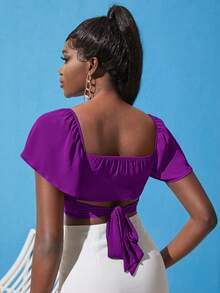 SHEINNeu Butterfly Sleeve Cross Wrap Tie Back Crop Top - Purple - View 2
