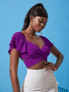 SHEINNeu Butterfly Sleeve Cross Wrap Tie Back Crop Top - Purple - View 3