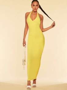 SHEIN BAE 素色繞頸露背緊身連衣裙