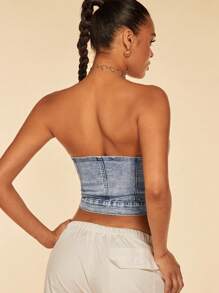 SHEIN BAE Button Front Tube Denim Top - Light Wash - View 2