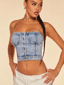 SHEIN BAE Button Front Tube Denim Top - Light Wash - View 4