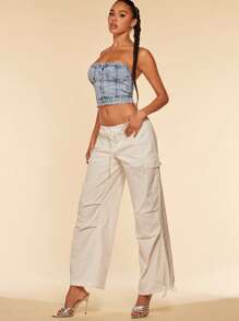 SHEIN BAE Button Front Tube Denim Top - Light Wash - View 5