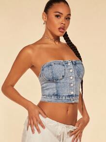 SHEIN BAE Button Front Tube Denim Top - Light Wash - View 6