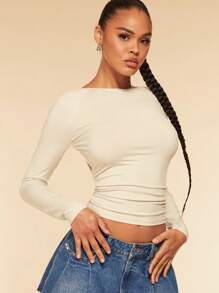 SHEIN BAE 女款長袖扭褶露背縮褶網布 T 卹 - 米色 - 查看 2