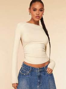 SHEIN BAE 女款長袖扭褶露背縮褶網布 T 卹 - 米色 - 查看 4