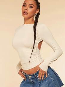 SHEIN BAE 女款長袖扭褶露背縮褶網布 T 卹 - 米色 - 查看 5