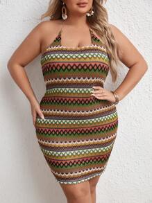 Dreamara Plus Geo Print Tie Backless Halter Bodycon Dress - Multicolor - View 3