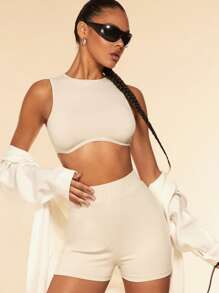 SHEIN BAE Bộ đồ hai mảnh nữ Bất đối xứng Gân đan màu trơn Giải trí - Màu be - Xem 1