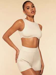 SHEIN BAE Bộ đồ hai mảnh nữ Bất đối xứng Gân đan màu trơn Giải trí - Màu be - Xem 5