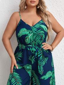 SHEIN VCAY Plus Tropical Print Belted Cami Jumpsuit - Navy Blue - View 3