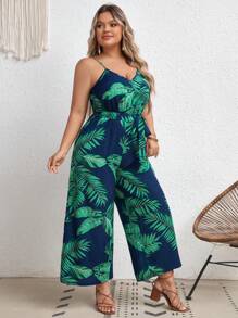 SHEIN VCAY Plus Tropical Print Belted Cami Jumpsuit - Navy Blue - View 5
