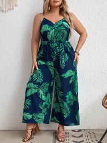 SHEIN VCAY Plus Tropical Print Belted Cami Jumpsuit - Navy Blue - View 6