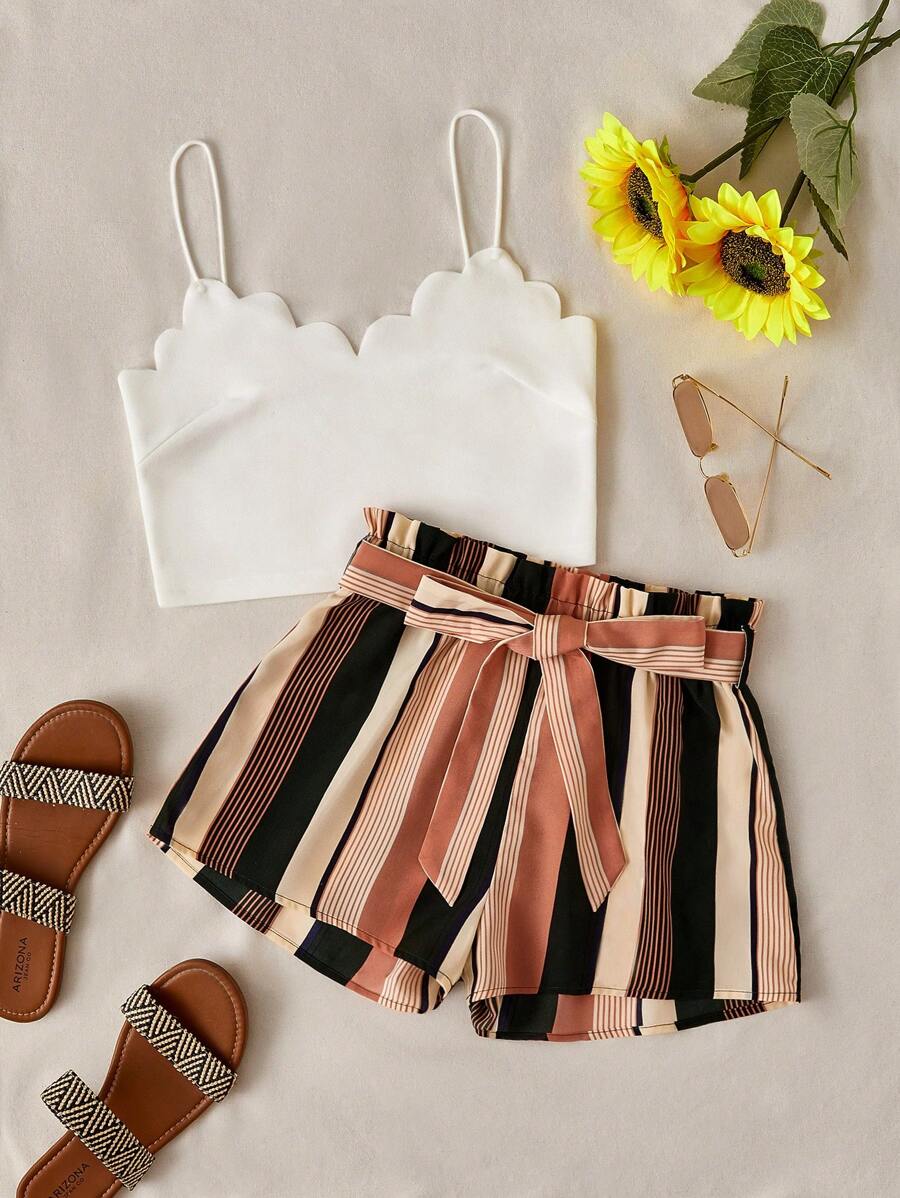 SHEIN VCAY Bộ đồ hai mảnh nữ Thắt lưng Sò điệp Quần paper-bag Sọc Boho - Nhiều màu - Xem 1