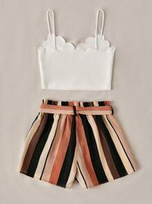 SHEIN VCAY Bộ đồ hai mảnh nữ Thắt lưng Sò điệp Quần paper-bag Sọc Boho - Nhiều màu - Xem 2