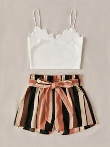 SHEIN VCAY Bộ đồ hai mảnh nữ Thắt lưng Sò điệp Quần paper-bag Sọc Boho - Nhiều màu - Xem 5