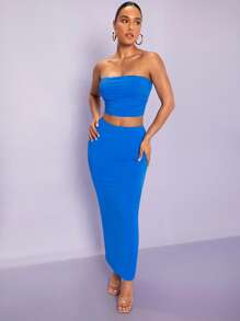 SHEIN BAE Bộ đồ hai mảnh nữ màu trơn Giải trí - Màu xanh lam - Xem 3