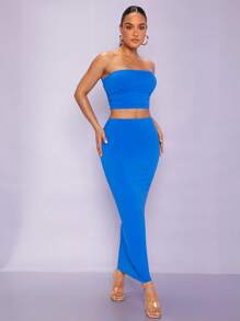 SHEIN BAE Bộ đồ hai mảnh nữ màu trơn Giải trí - Màu xanh lam - Xem 1