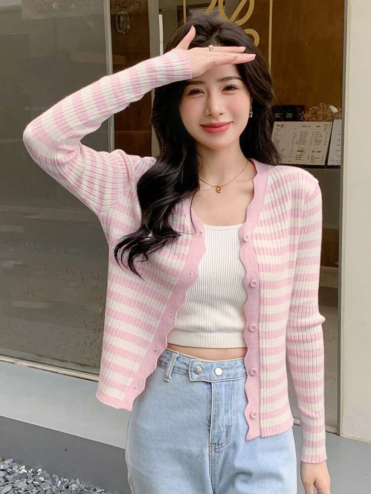 Striped Scallop Trim Button Front Cardigan,Long Sleeve Tops,Fall Clothes