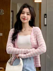 DAZY Striped Scallop Trim Button Front Cardigan,Long Sleeve Tops,Fall Clothes - Pink - View 4