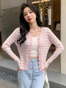 DAZY Striped Scallop Trim Button Front Cardigan,Long Sleeve Tops,Fall Clothes - Pink - View 5