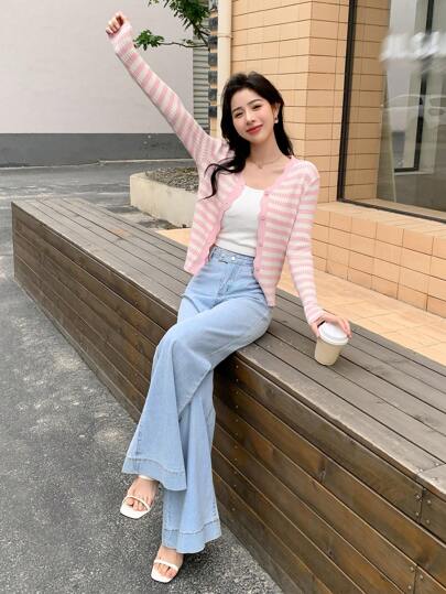 DAZY 条纹扇贝边纽扣前开衫、长袖上衣、秋装