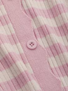 DAZY Striped Scallop Trim Button Front Cardigan,Long Sleeve Tops,Fall Clothes - Pink - View 7