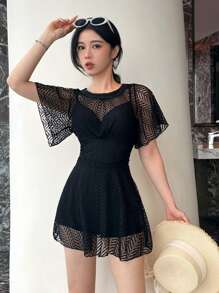 Solid Cut Out Back One Piece Swimsuit - Black - View 1