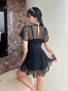 Solid Cut Out Back One Piece Swimsuit - Black - View 2