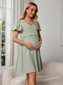 SHEIN Maternity Solid V Neck Nursing Smock Dress - Mint Green - View 3