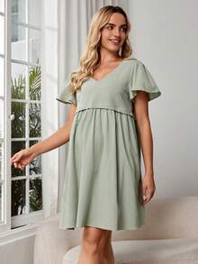 SHEIN Maternity Solid V Neck Nursing Smock Dress - Mint Green - View 6
