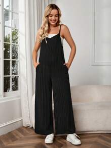 SHEIN Maternity Slant Pocket Wide Leg Pinafore Jumpsuit Without Tube Top - Black - View 5