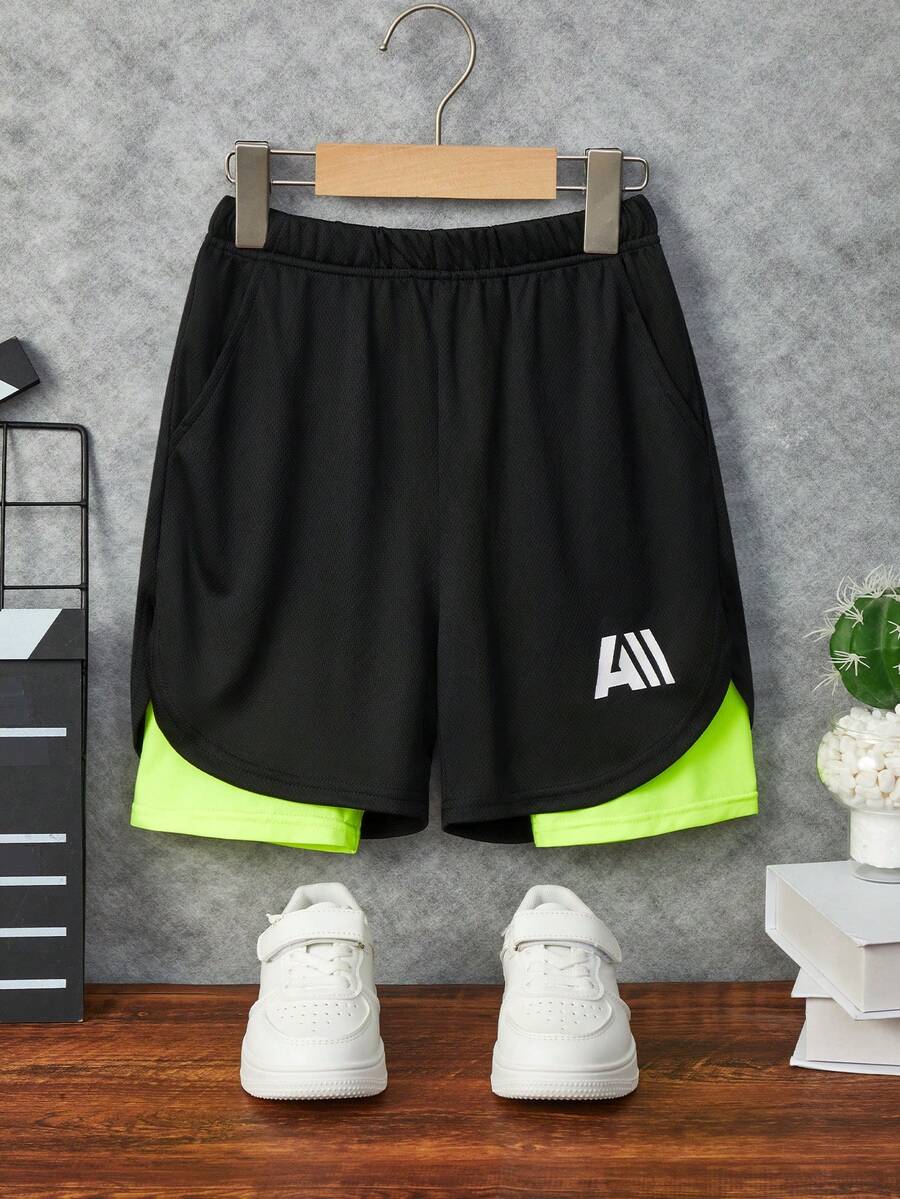 SHEIN Boys Letter Graphic Contrast Panel Shorts - Black - View 1