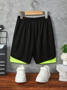 SHEIN Boys Letter Graphic Contrast Panel Shorts - Black - View 2