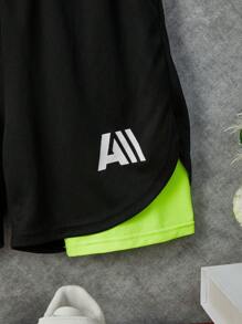 SHEIN Boys Letter Graphic Contrast Panel Shorts - Black - View 5