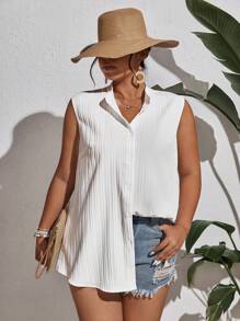 SHEIN Frenchy 大碼素色後背開衩褶皺襯衫 - 白色 - 查看 6