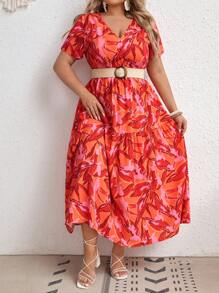 SHEIN VCAY Vestido con estampado bajo con fruncido sin cinturón - Multicolor - Ver 3