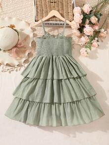 SHEIN Girls Button Front Layer Hem Cami Dress - Mint Green - View 2