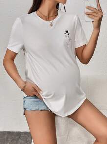 SHEIN Maternidad Camiseta mano & con estampado de corazón - Blanco - Ver 1