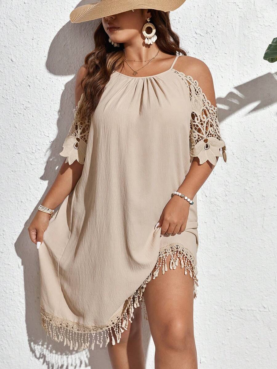SHEIN Frenchy Plus Cold Shoulder Guipure Lace Panel Fringe Trim Dress - Khaki - View 1