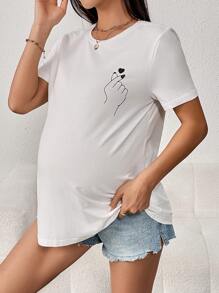 SHEIN Maternidad Camiseta mano & con estampado de corazón - Blanco - Ver 3