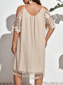 SHEIN Frenchy Plus Cold Shoulder Guipure Lace Panel Fringe Trim Dress - Khaki - View 2