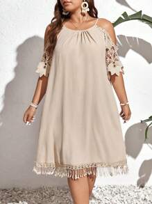 SHEIN Frenchy Plus Cold Shoulder Guipure Lace Panel Fringe Trim Dress - Khaki - View 3