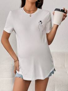 SHEIN Maternidad Camiseta mano & con estampado de corazón - Blanco - Ver 5