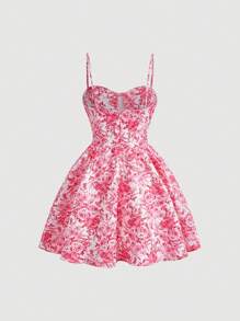 SHEIN MOD Đầm Dây kéo Hoa Tất cả trên in Boho - Đỏ và trắng - Xem 2
